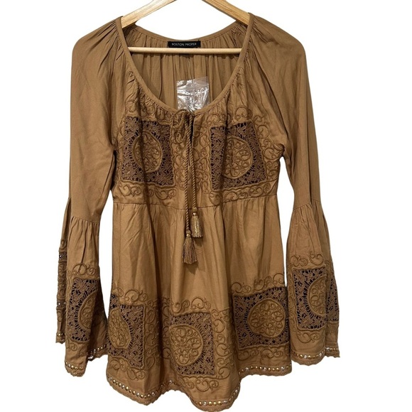 Boston Proper Boho Embroidered Top Or Mini Dress SZ Medium Camel Beaded NWOT - Picture 1 of 9